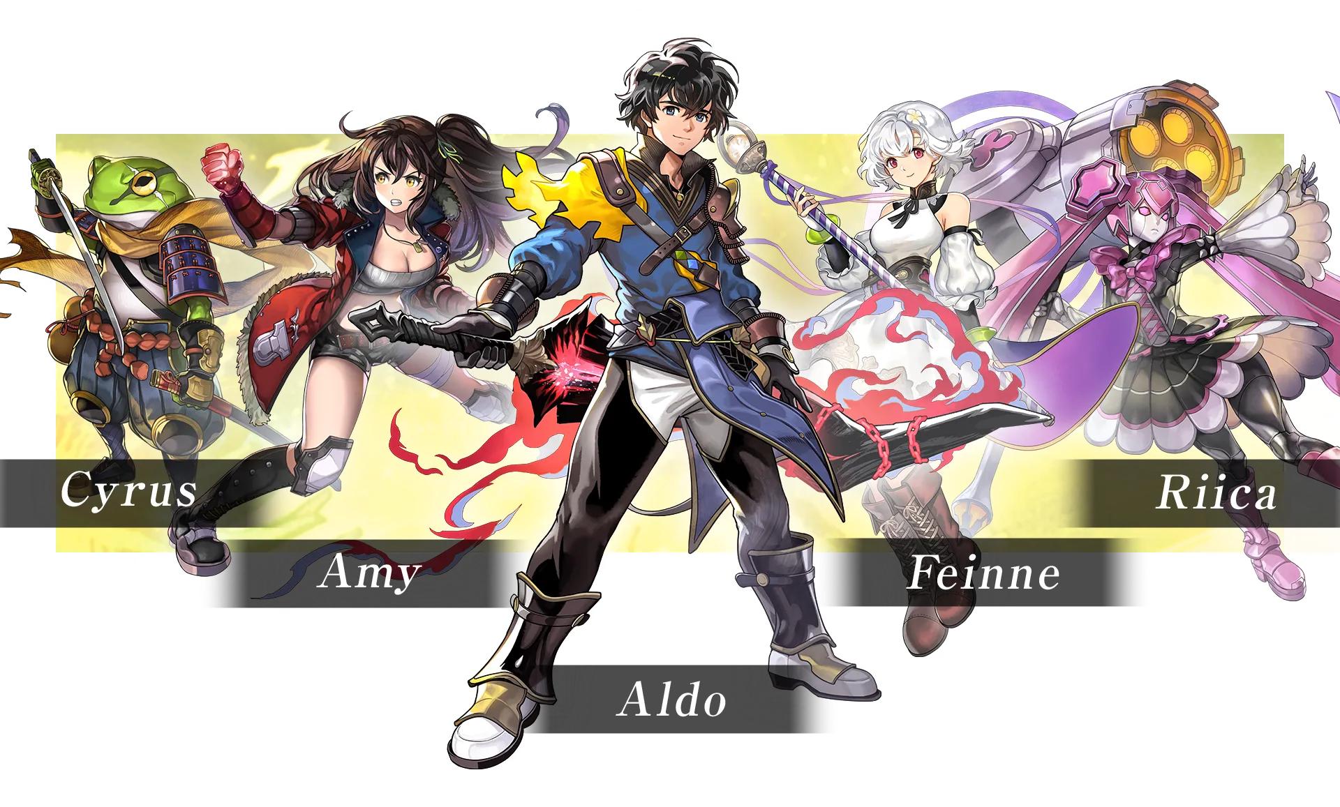 Five playable characters from Another Eden Begins: Cyrus, Amy, Aldo, Feinne and Riica