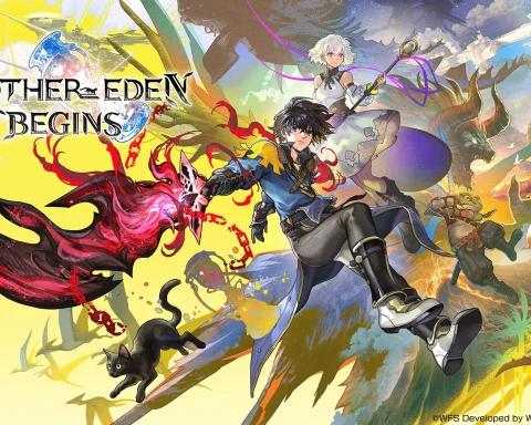 Another Eden Begins official key art featuring Aldo with a blazing sword, Feinne and a black cat