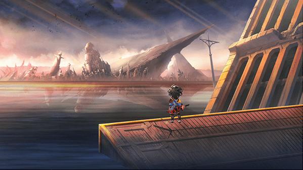 A lone traveler looks out over a ruined fantastical landscape in Another Eden Begins